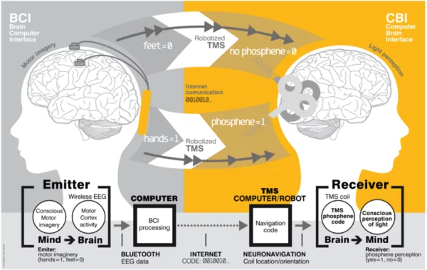 Diagram simulating the process of transmitting brain signals over the Internet, expanding communication capabilities between brains